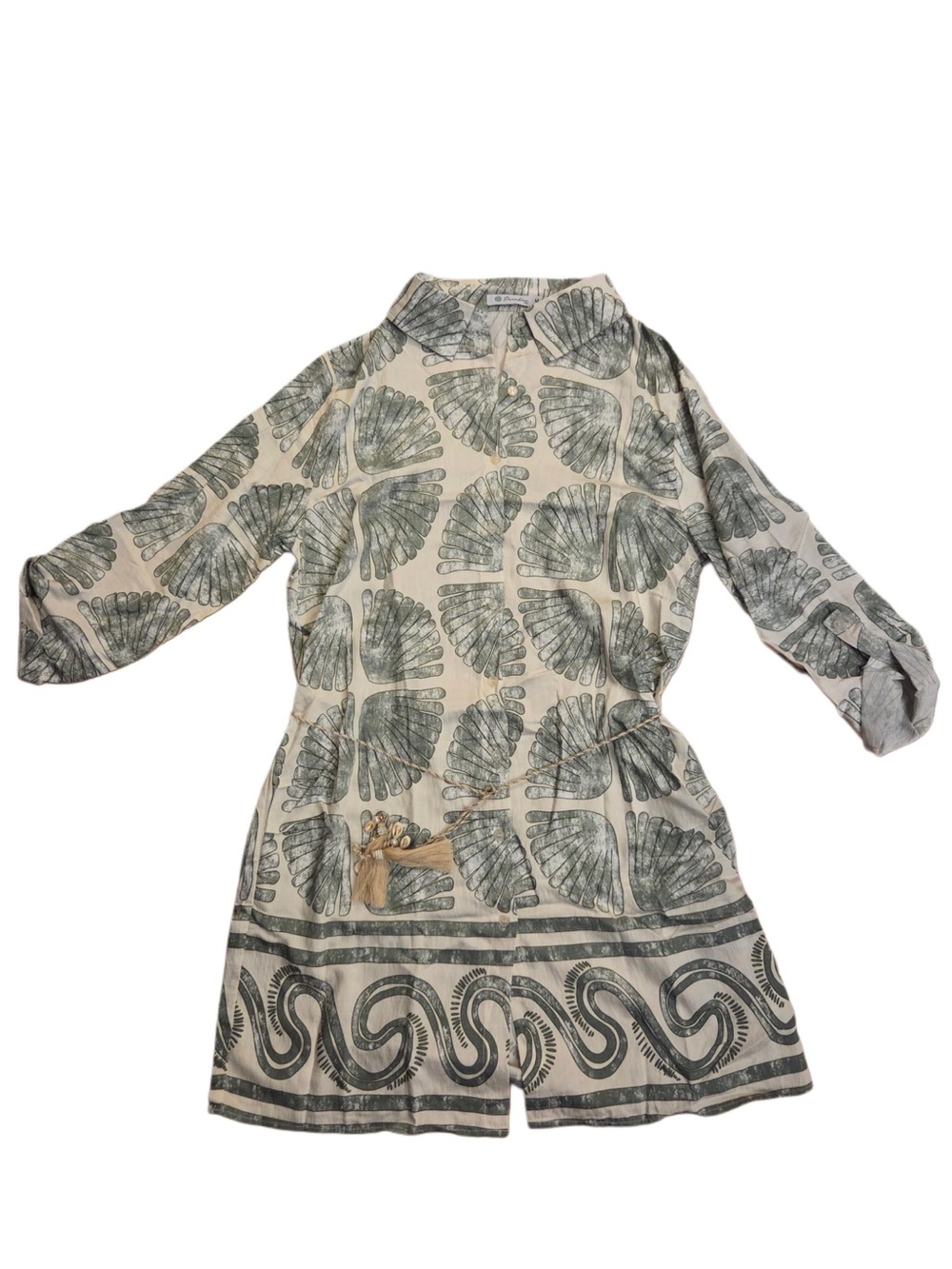 Paradise Cream Muted Green Gray Shell-Print Button Down Long Sleeve Shirt Dress